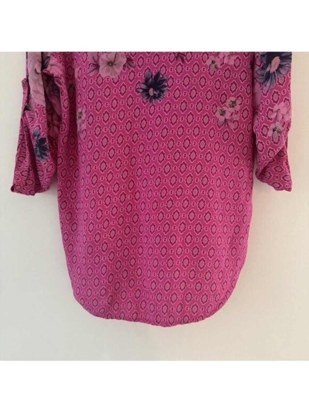 Free For Humanity Small Blouse Button Down Mixed Floral Twee Roll Tab Barbie Fun - Picture 14 of 16